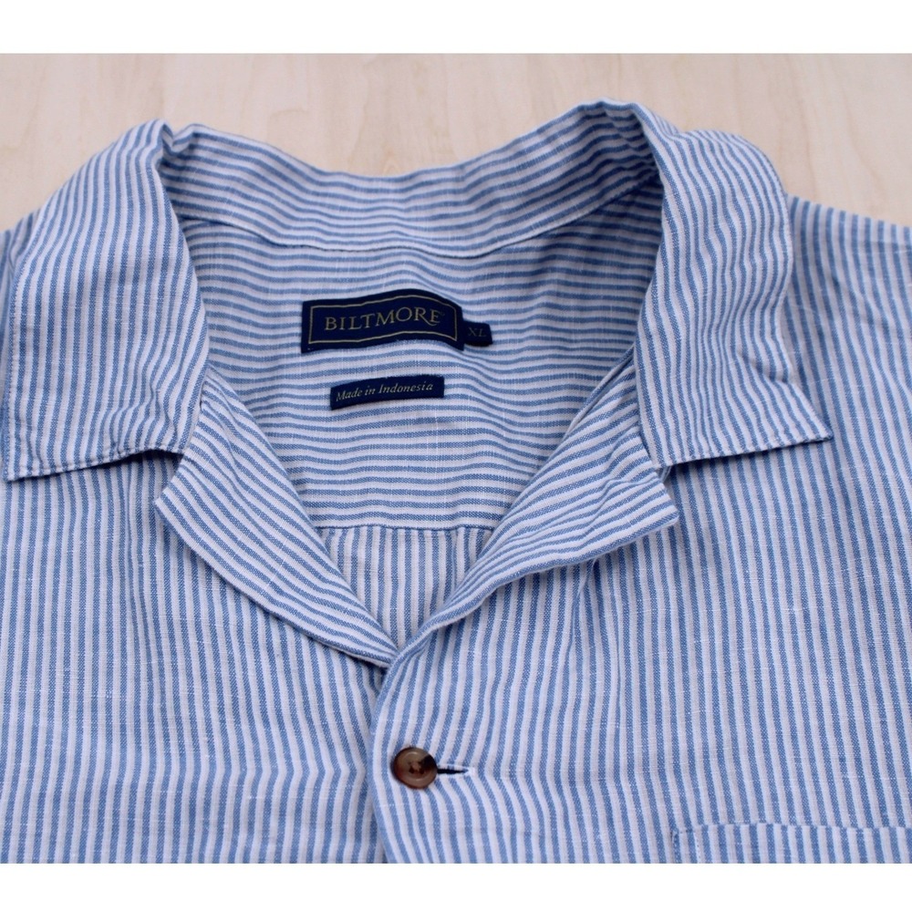 Mens Biltmore Coastal Striped Linen Blend Shirt XL Blue Short Sleeve Button Down